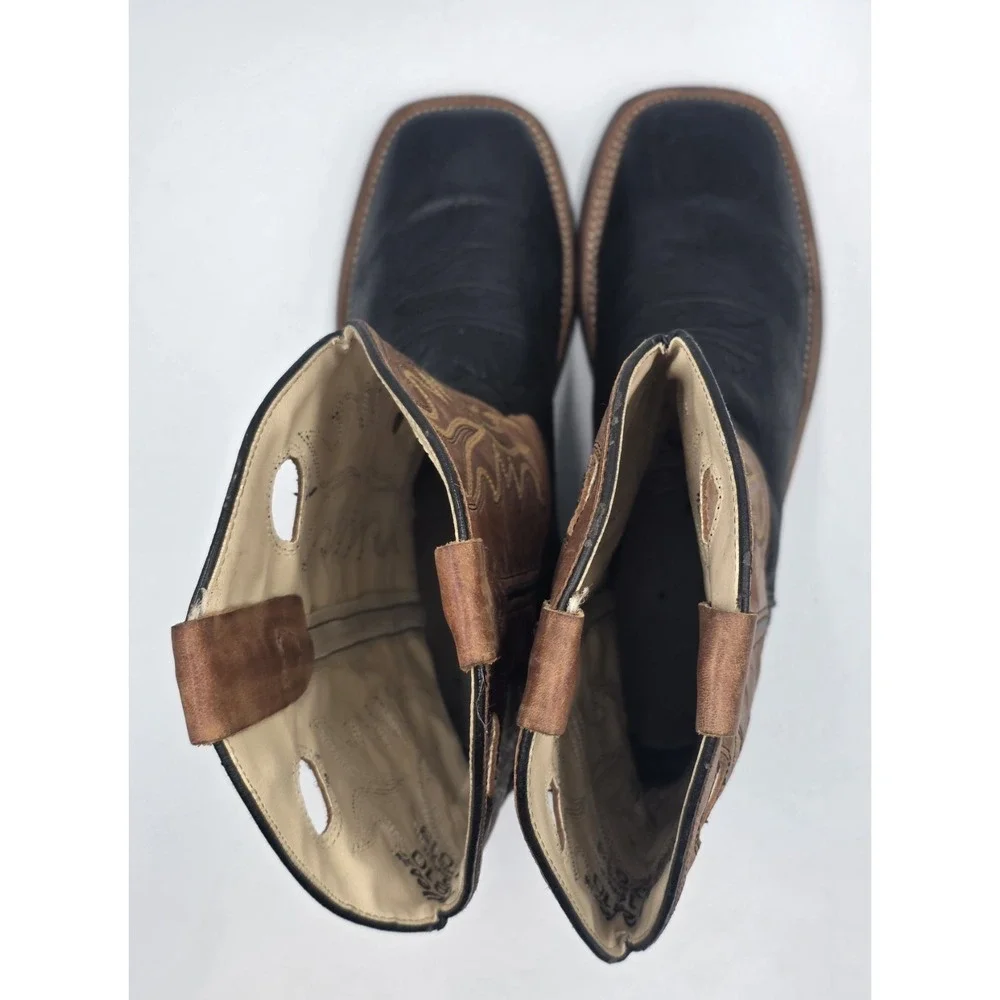 Old West BSY1810 Youth Western Boots Black Tan Calf Leather Square Toe Sz 7
